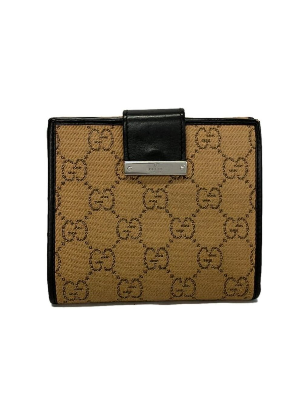 Gucci Snap Wallet Metal Bargg Pattern Light Brown Black Leather
